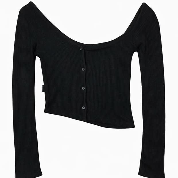 쓰리타임즈 One-Shoulder Button Ribbed Top