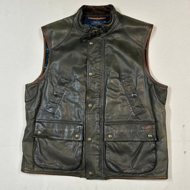 폴로 랄프로렌 블랙와치 올리브 소가죽레더 조끼 XS