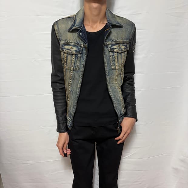 no id leather arm denim jacket