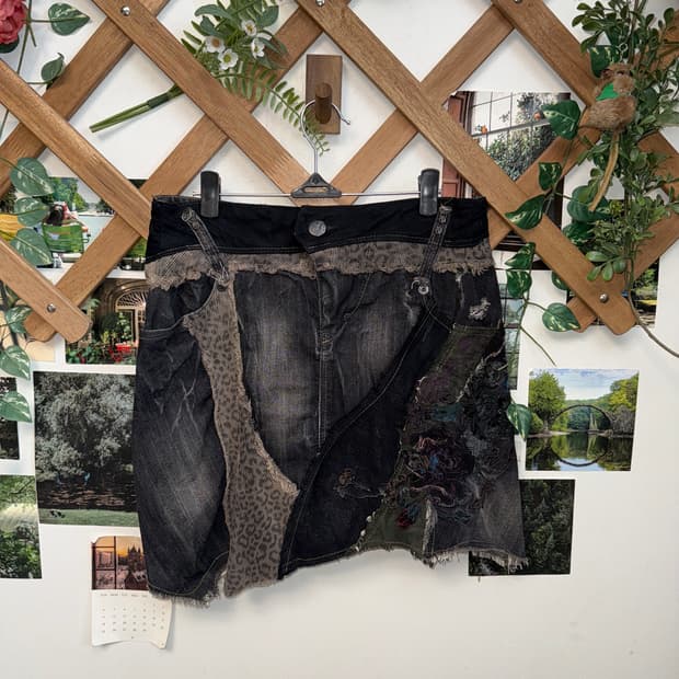 Black denim oriental leopard patch skirt
