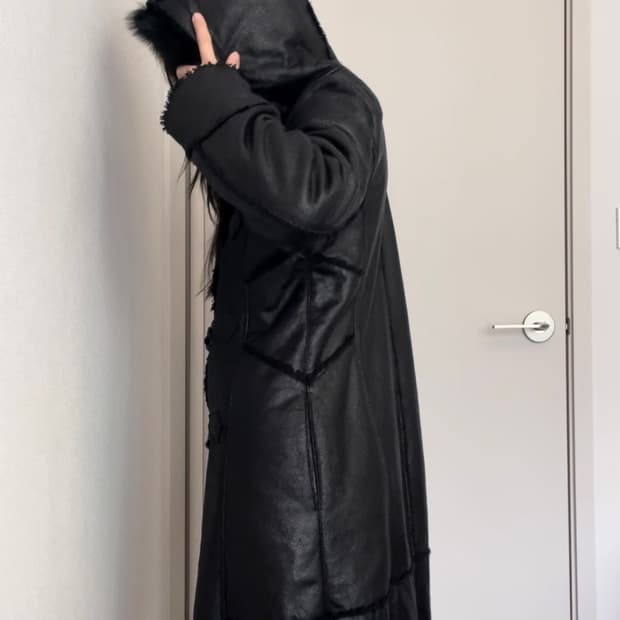 black leather fur hoodie coat