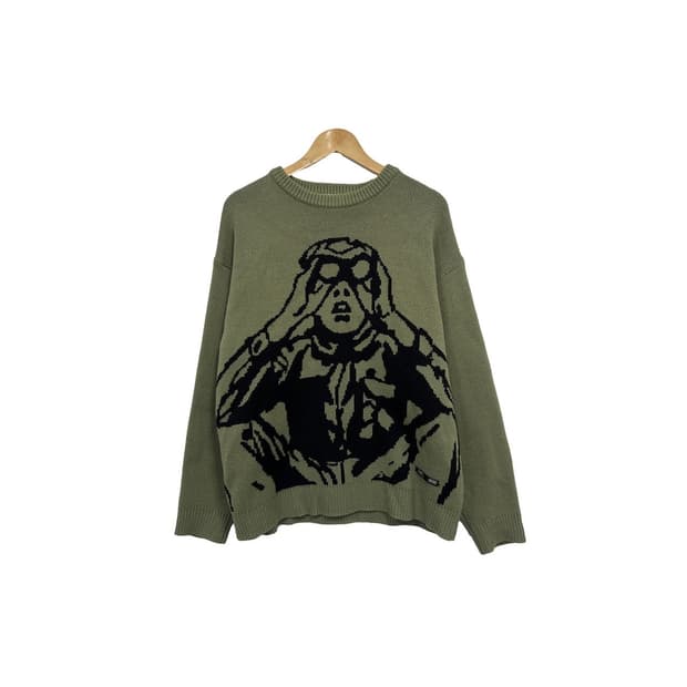 크리틱 스카웃 보이 그래픽 라운드넥 카키 니트 