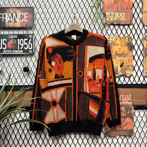 90s USA VINTAGE 울 니트 초상화 아트 그래픽 스웨터 오렌지