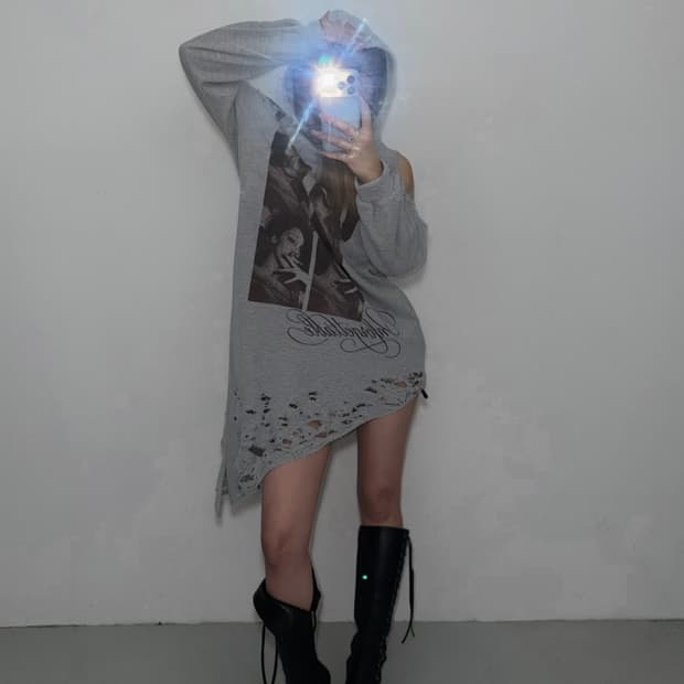디스트레스 그레이 언발 후드 원피스 