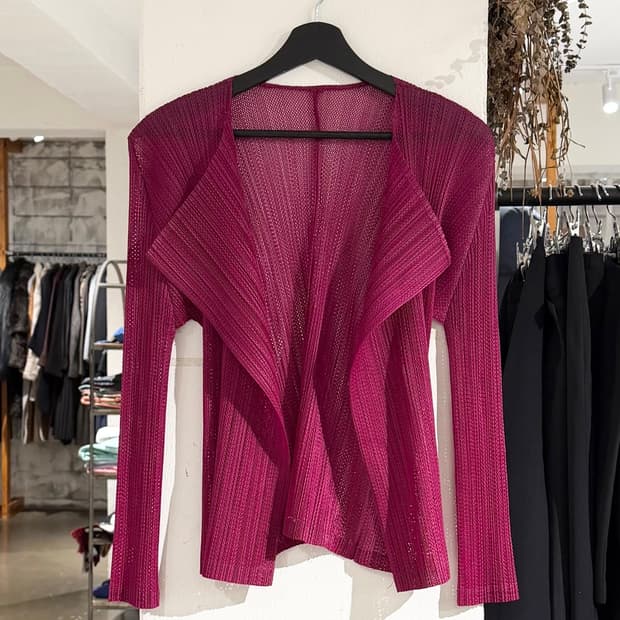 플리츠 플리즈 핑크 노버튼 가디건