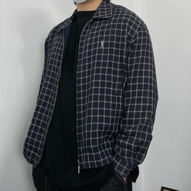 XL 입생로랑 체크 린넨 시스루 블루종 자켓