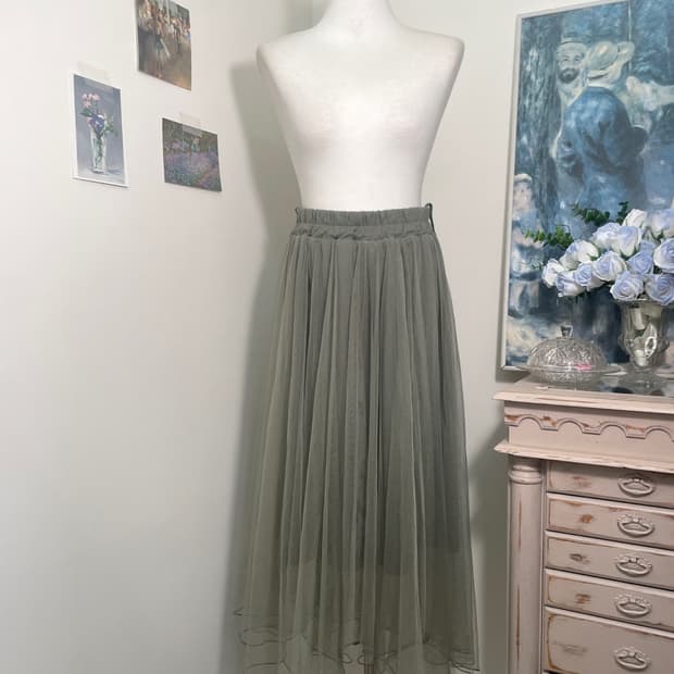 khaki tule unbalance fairy banding skirt
