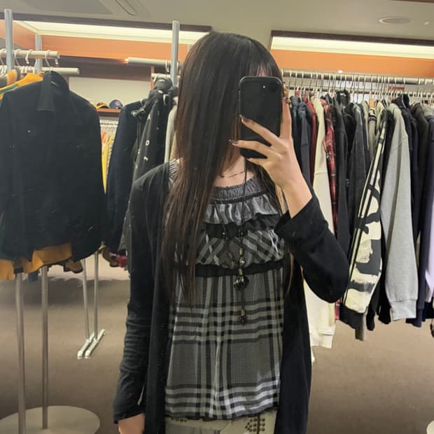 M)Japanese vintage 여성 체크 레이스 레이어드 롱슬리브