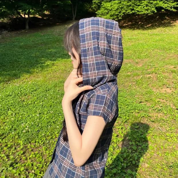 젤레나 빈티지 반팔 반소매 체크 셔링 후드 남방 네이비