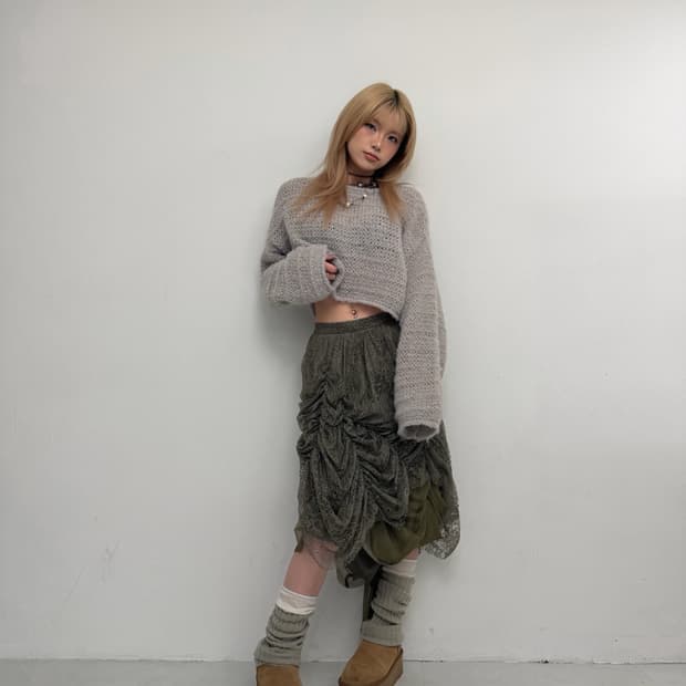 카키 레이스 언발 셔링 스커트 