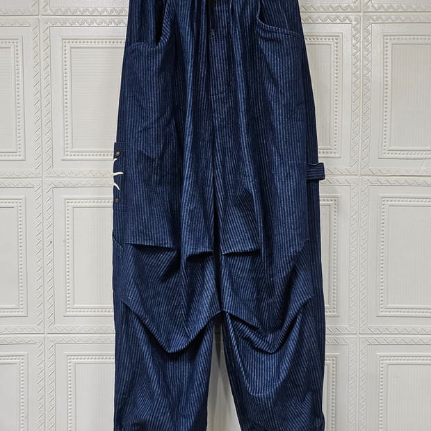 스트라이프 데님 밴딩 통바지