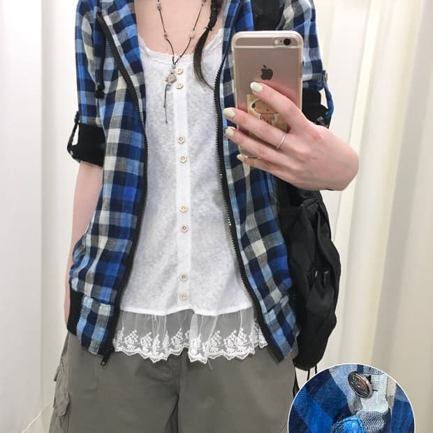 hagumi check hoodie zip up