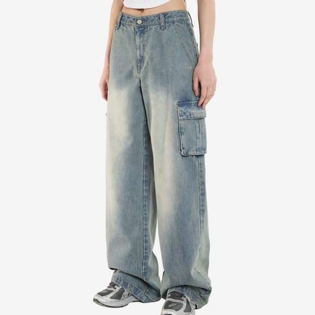 오드스튜디오 샌드 워싱 카고 와이드 데님 팬츠 - LIGHT BLUE