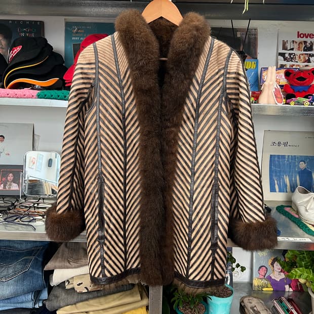 Vintage 70s Style Chevron Faux Fur Coat 
