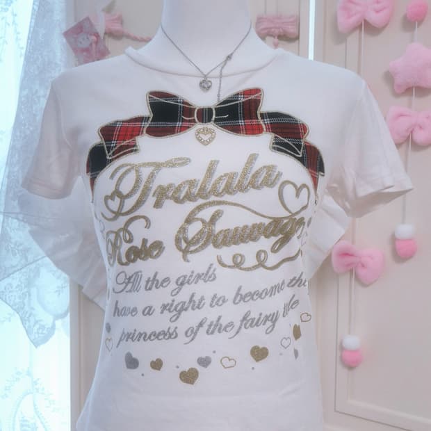 Tralala 트랄라라 체크 리본 하트챰 반팔 티셔츠 헤이세이 오네갸루