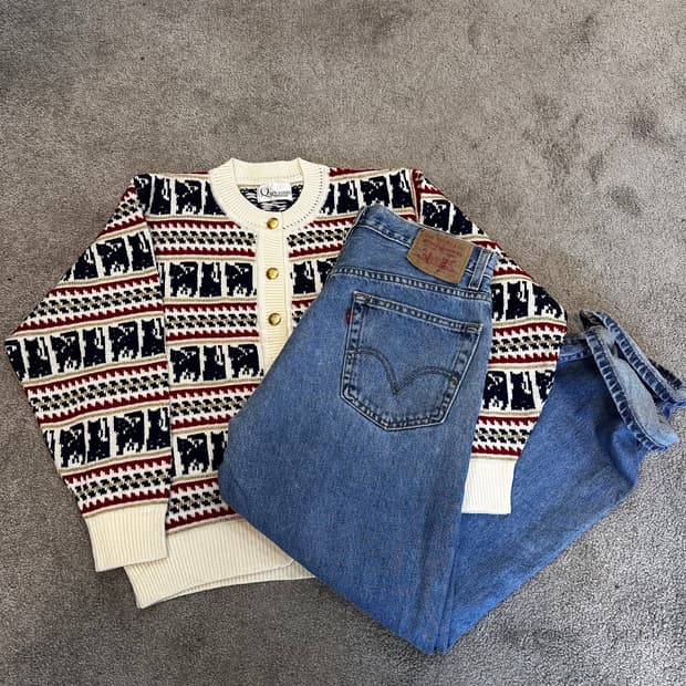 재패니즈빈티지 캣 패턴 울 혼방 가디건M