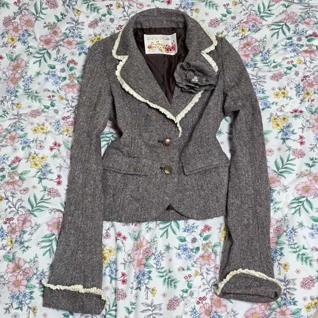 교판/고전 리즈리사)일본빈티지 트위드 라떼히메갸루로리타 코사지 자켓마이