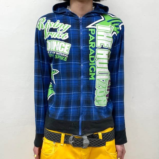 Retro Star Blue Check Hooded Zip-Up