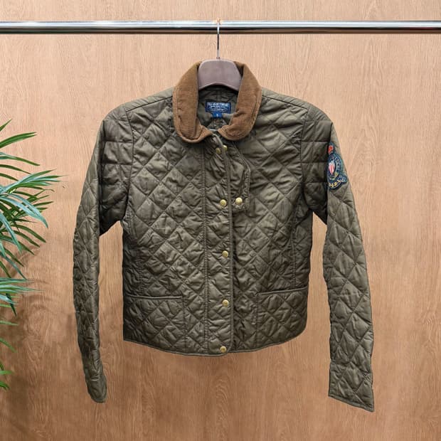 폴로 진스 컴퍼니 퀄팅 자켓 코듀로이 카라 배색 로고 패치 디테일 브라운