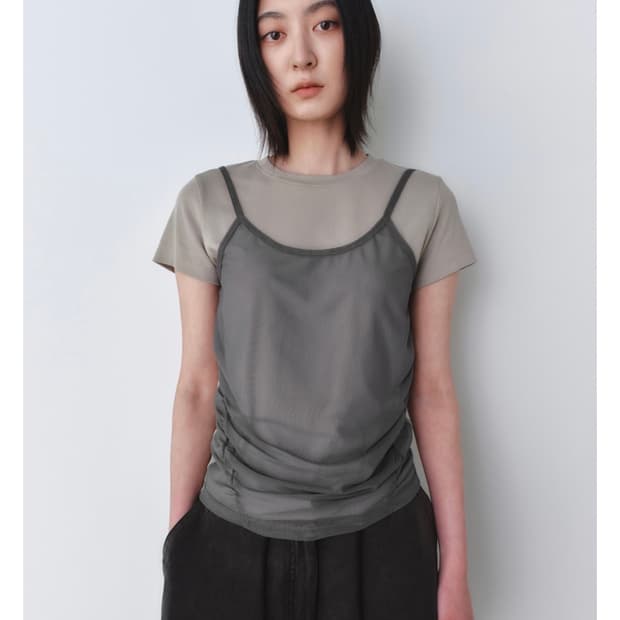 인사일런스우먼 메쉬 레이어드 숏슬리브 카키베이지