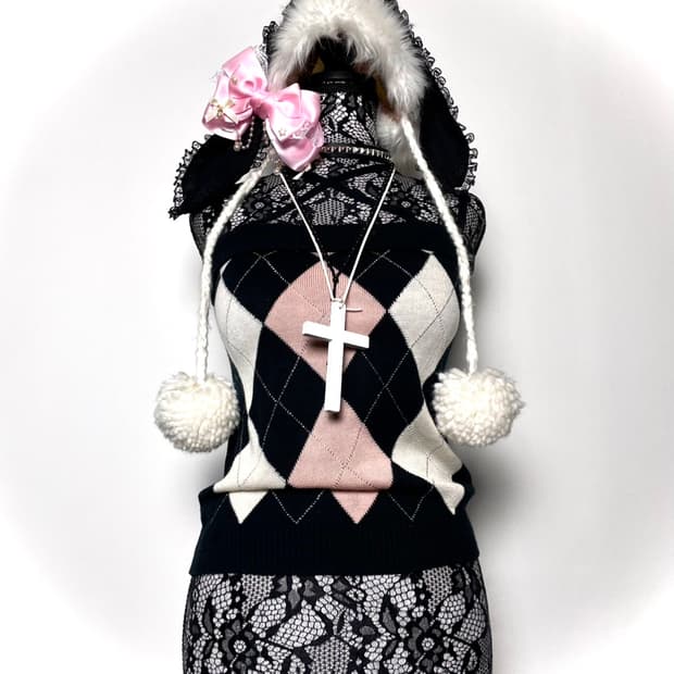 GLACIER 글라시에 아가일 패턴 크로스 니트 베스트 조끼