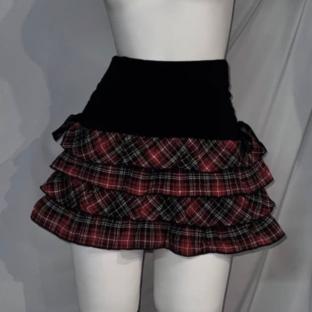 레드 체크 셔링 리본 스커트 빈티지 / 캐캐체