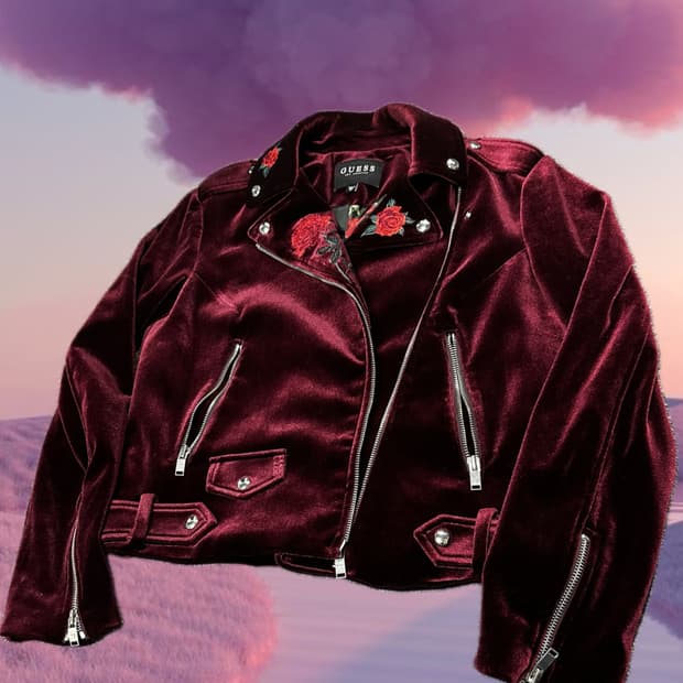 게스 벨벳 버건디 로즈 자수 바이커 자켓