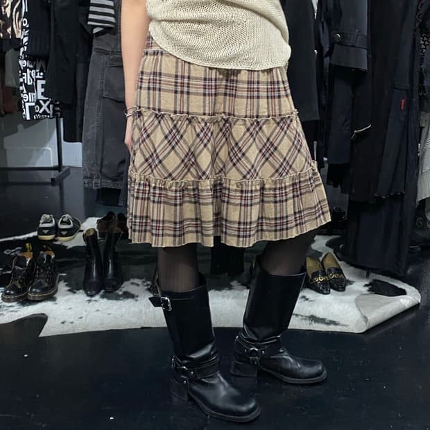 Japanese vtg 체크 프릴 미디스커트