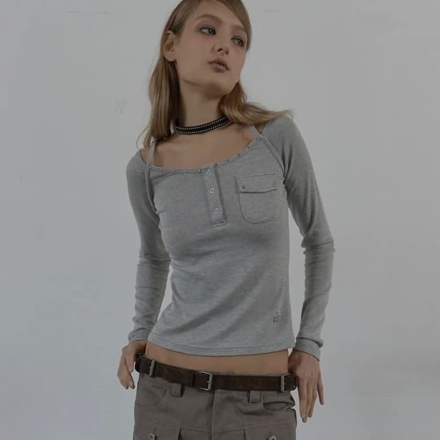 셋업이엑스이 레이어드 슬리브티 멜란지그레이 