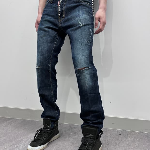 디스퀘어드2 12ss 아카이브 스터드 레더 벨트 데님 팬츠