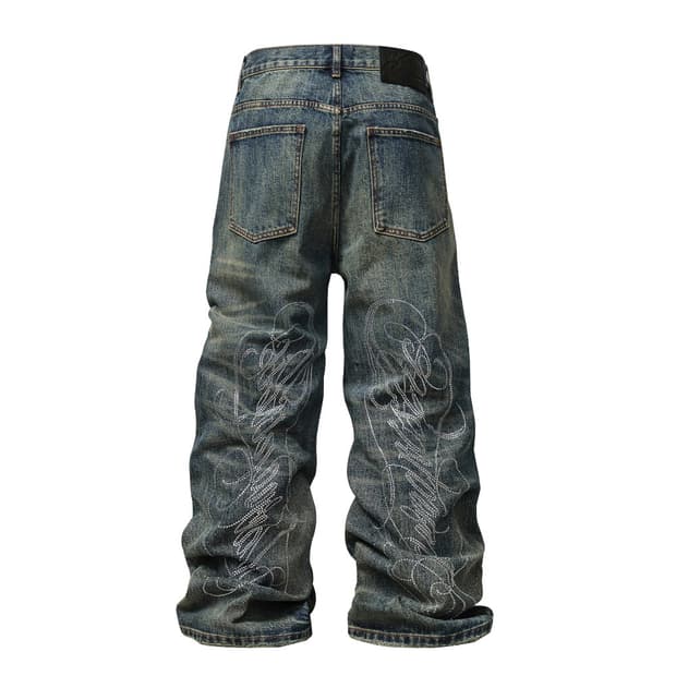 Rhinestone Distressed Wide Denim