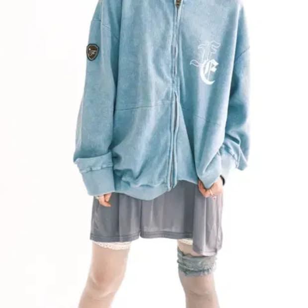 샵페어리 와플 후드집업 블루 color washing waffle