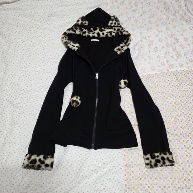 빈티지 초코 호피 퍼 폼폼 네코미미 오네갸루 후드집업 리즈리사 라떼갸루