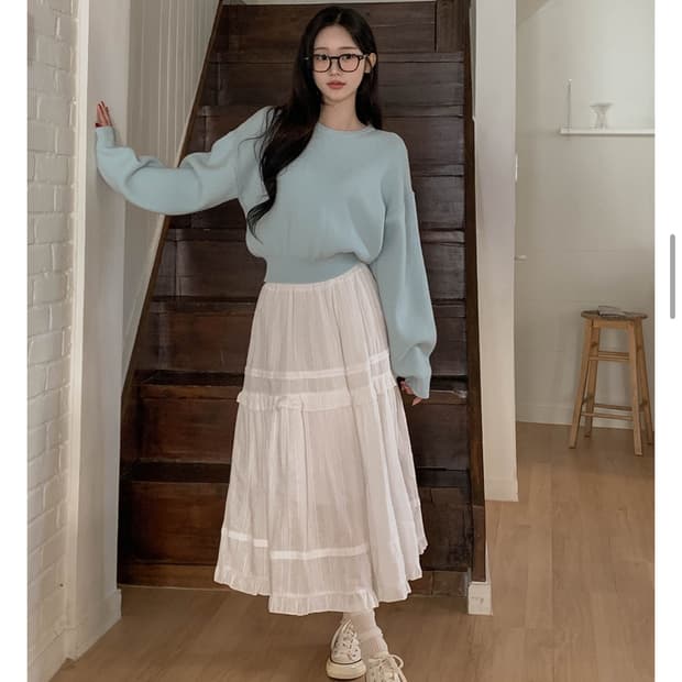 모어핏 프릴 레이스 캉캉 밴딩 롱스커트