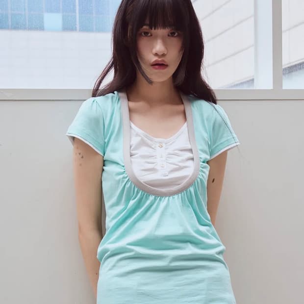 오피쉬 Shirring U neck T-shirts, Mint