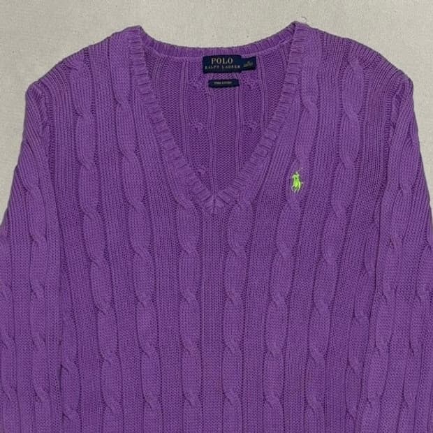M 폴로랄프로렌 퍼플 브이넥 케이블 니트