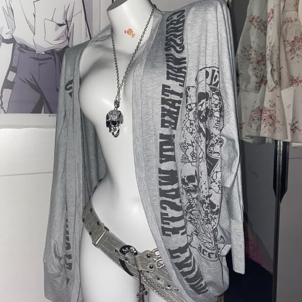 빈티지 펑크 해골 그레이 가디건/y2k 고스 스컬 일본 
