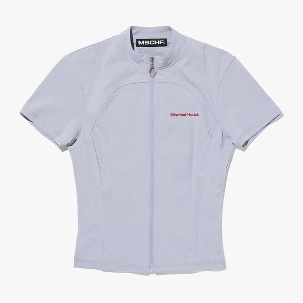 미스치프 모크 넥 집업 쇼트슬리브 그레이시블루