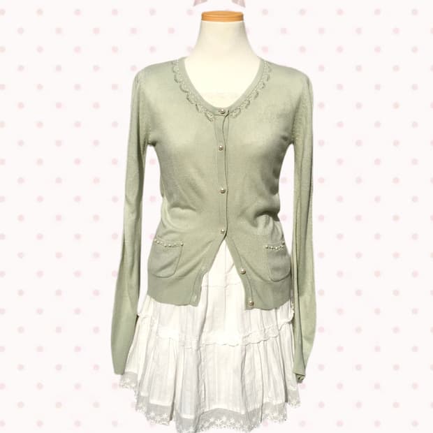 말차라떼 진주 비즈 가디건