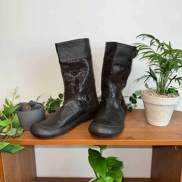 Dark brown python buckle boots