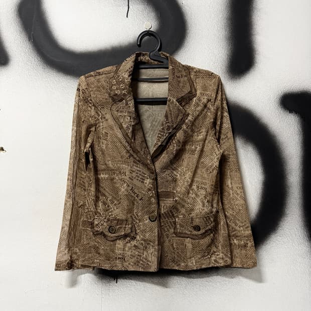 VTG 빈티지 뉴스페이퍼 레터링 패턴 시스루 블라우스 자켓