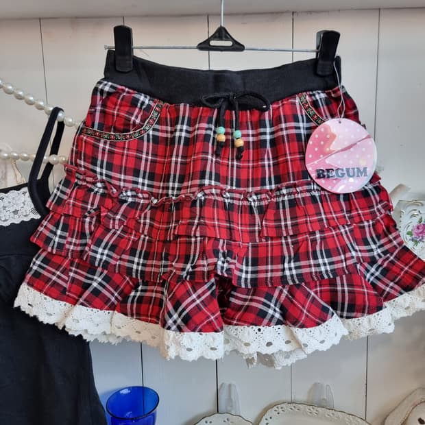 레드 체크 캉캉 레이스큐롯팬츠