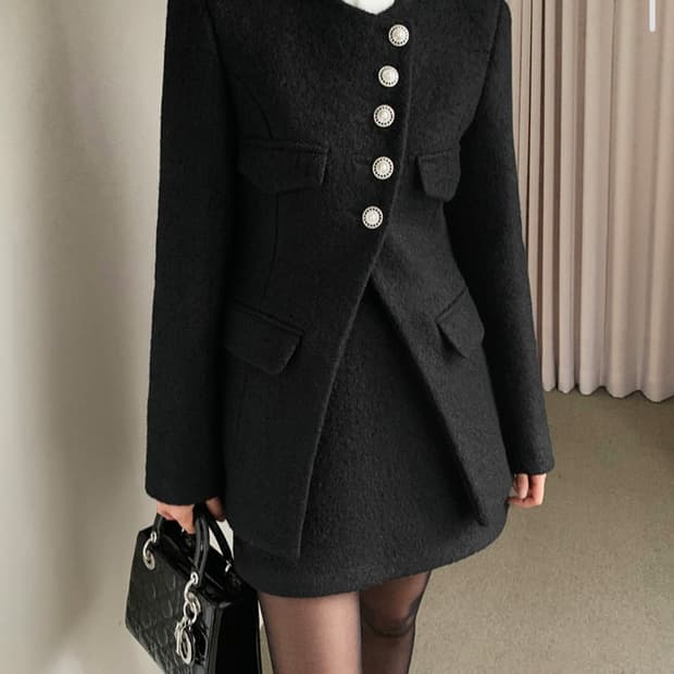 VERDI 블랙 부클 트위드 진주 버튼 자켓 44~날씬55 