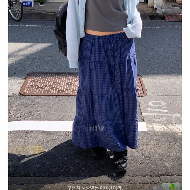 언더비 체크 롱스커트 블루