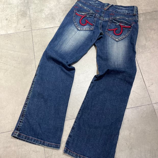 일본 빈티지 락펑크 포켓 자수 와이드 데님 팬츠