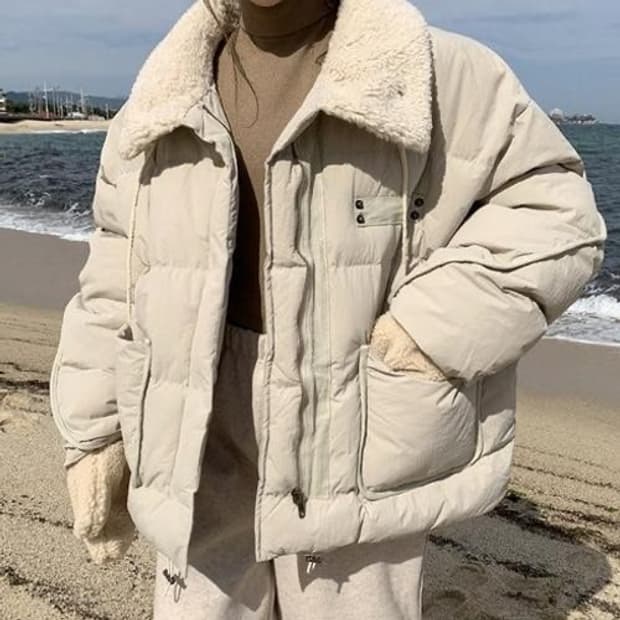 헤이부 푸디덤블카라 숏패딩 베이지