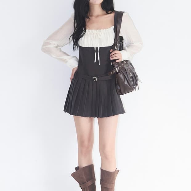 일리고 프레피 리본 플리츠 원피스 차콜 s