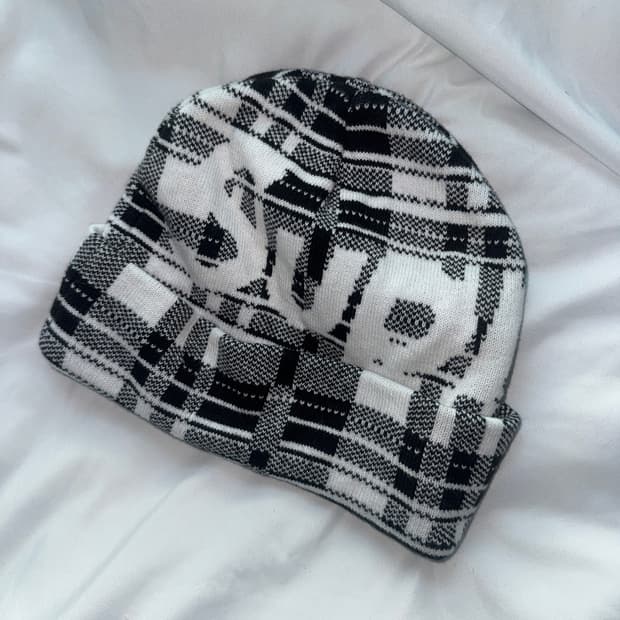 Supreme 슈프림 빅 로고 비니 화이트 플레이드 23 