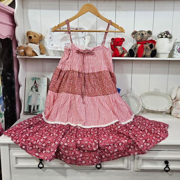 no0327핑크 깅엄 플라워 패치워크 원피스