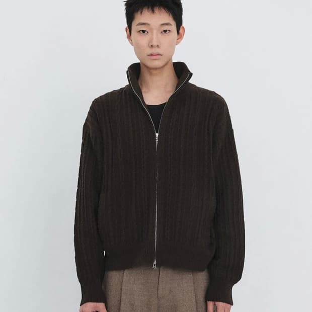 미나브 케이블 니트 집업 - 다크브라운 XL